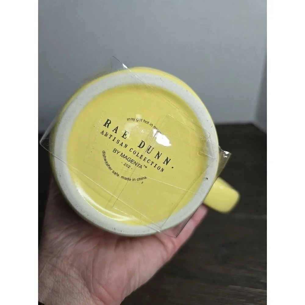 NWT Rae Dunn Artisan Let's Get Lost Yellow Ceramic Mug Wood Lid Coaster